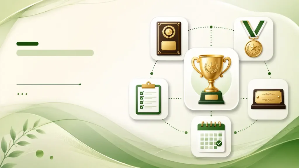 Modern green and gold graphic showing trophies, plaques, medals, engraving, checklist, and event calendar icons.