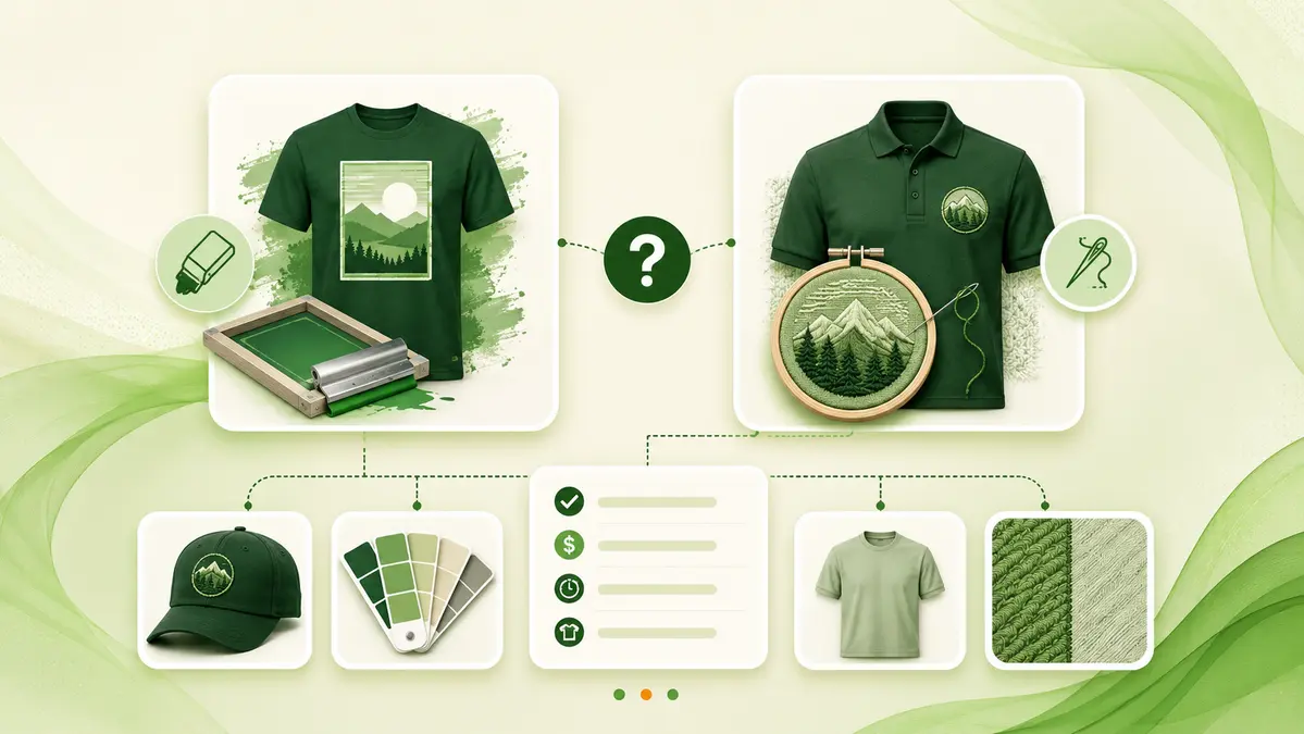 Modern green graphic comparing screen printing and embroidery for custom apparel.
