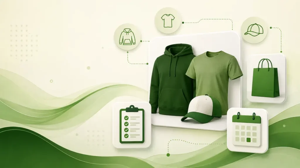 Modern green graphic showing spirit wear, apparel, ordering checklist, and calendar icons.